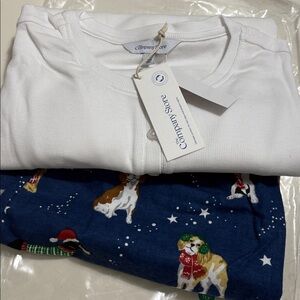 The Company Store men’s M L/S White Henley Shirt and shorts with puppy pattern.